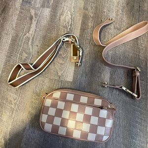 Checkered Crossbody Bag - Brown and White